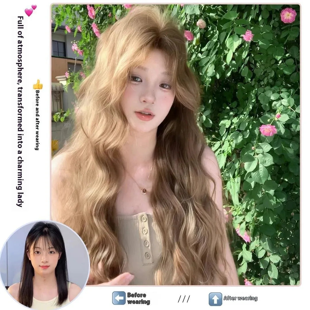 Linen brown medium long curly high temperature fibre wig with hair net on display
