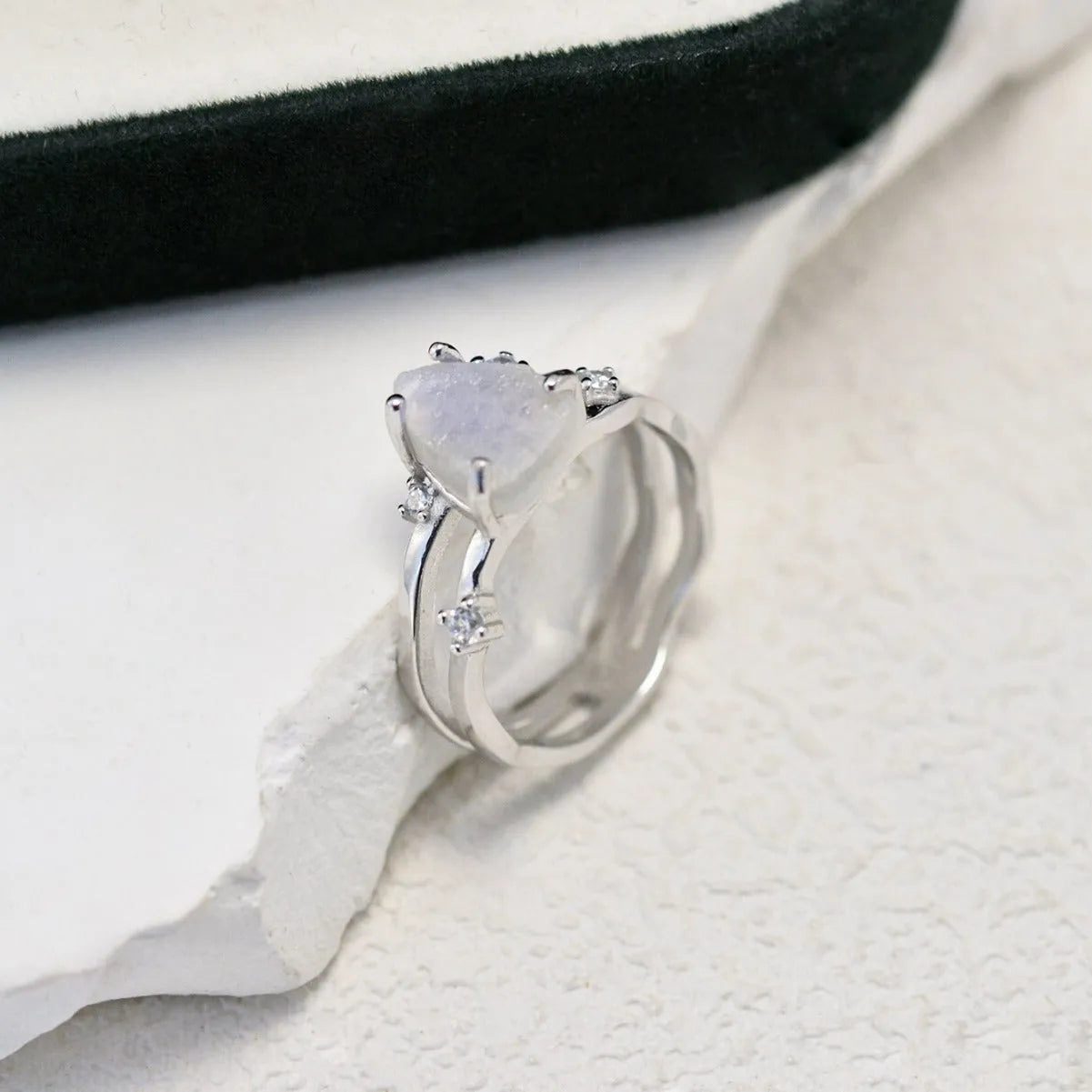 S925 sterling silver geometric triangle ring with moonstone centrepiece in rose gold electroplated finish