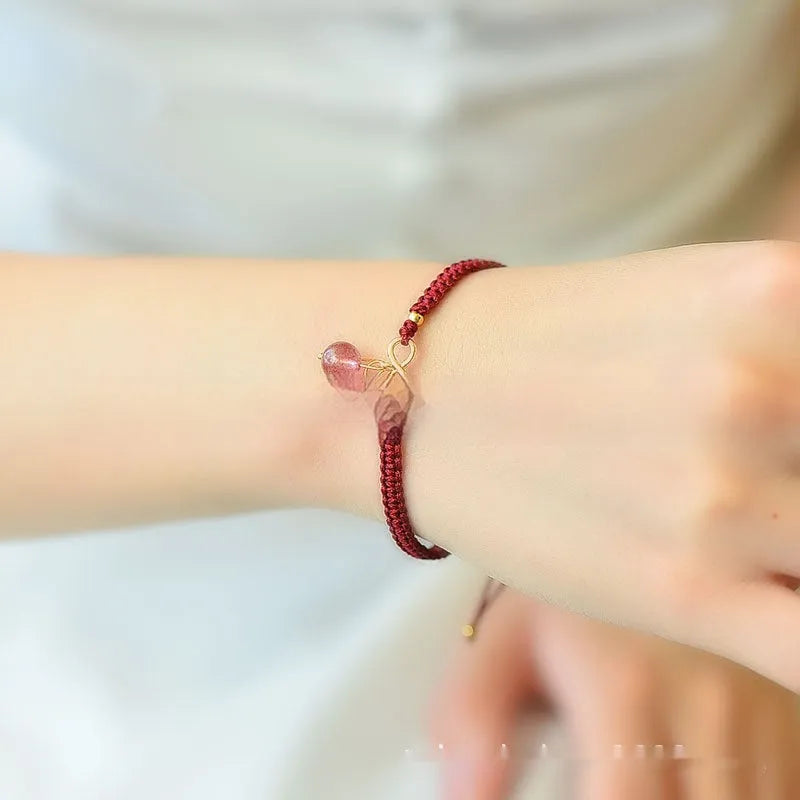 Natural strawberry quartz cherry bracelet for women with 8mm fruit-shaped beads on elastic thread.