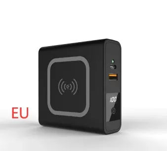 Black and white 10000mAh power bank with wireless charging surface and foldable plug
