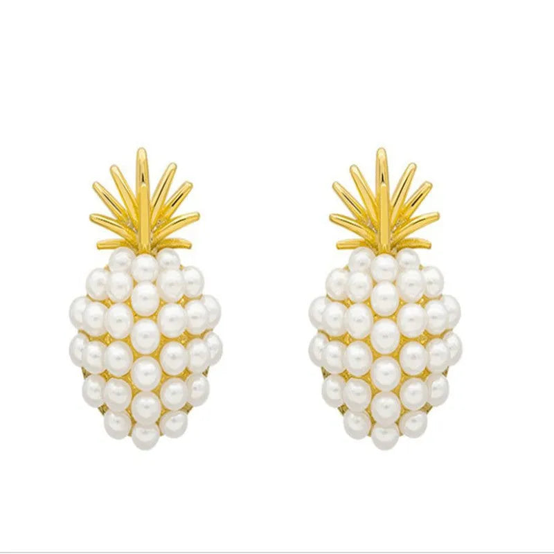 Korean style pineapple starfish pearl earrings in electroplated alloy with artificial gem inlays