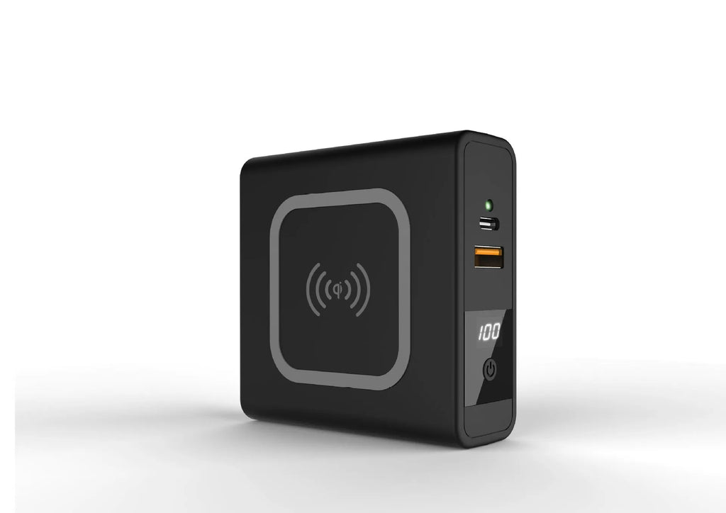 Black and white 10000mAh power bank with wireless charging surface and foldable plug