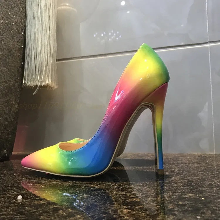 Rainbow patent leather women's high heels with thin stiletto heel and pointed toe