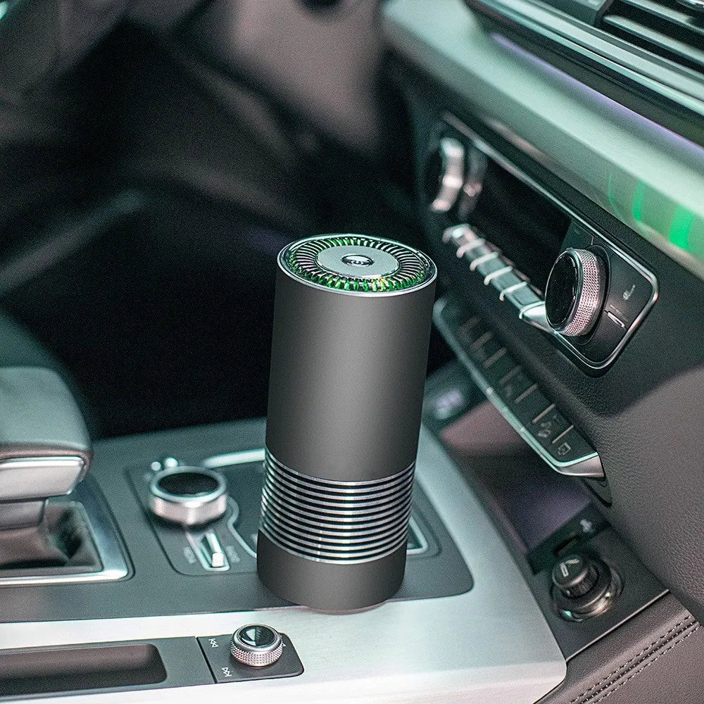 Car indoor wireless air purifier in aluminium alloy and ABS, 65x150mm, available in black silver and metallic grey