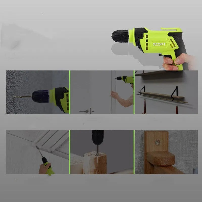 450W pistol grip electric hand drill with a black and grey casing and a 10mm chuck.