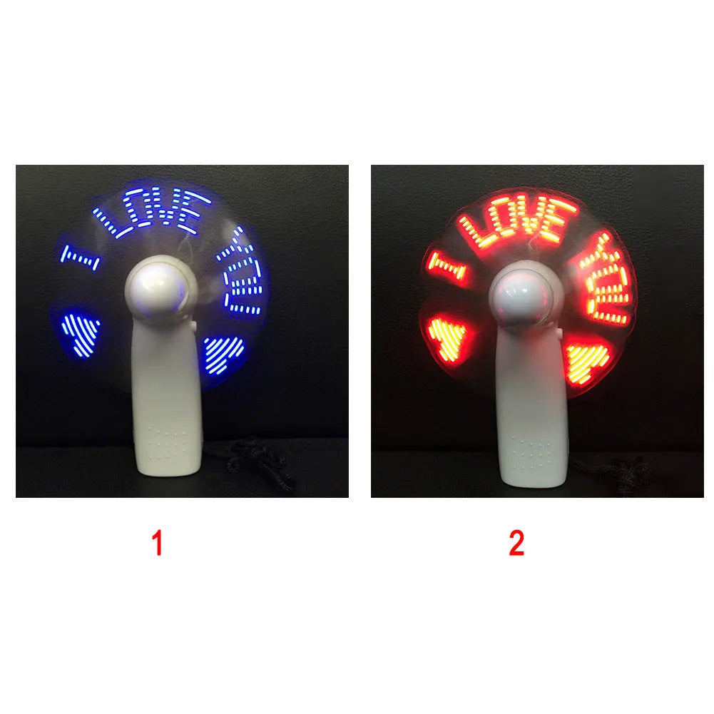 White handheld mini fan with LED love pattern display in blue and red colours