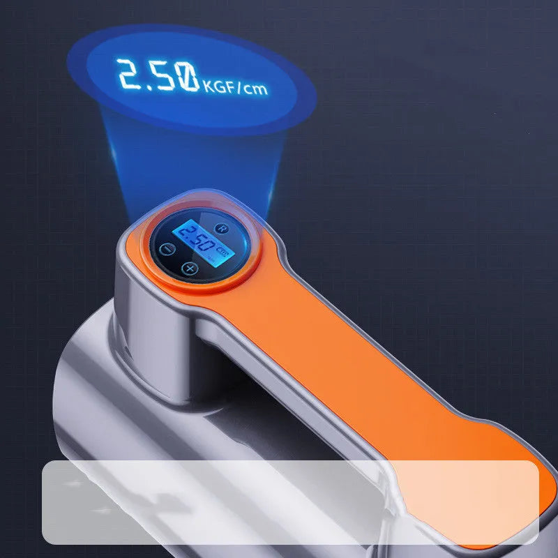 Cordless tyre inflator with digital display, ABS body, and USB charging port on a flat surface