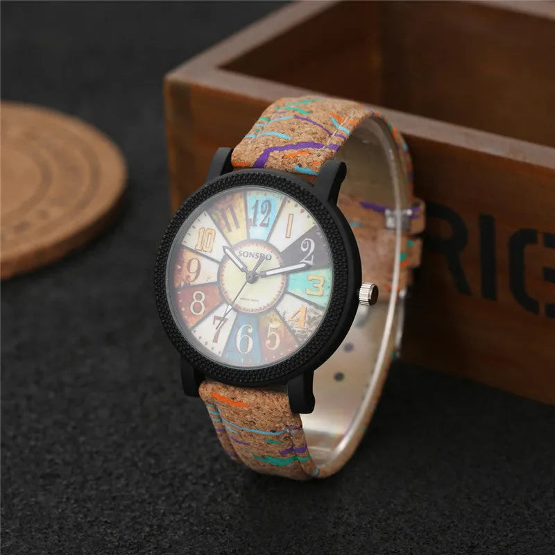 Casual vintage leather women's quartz wrist watch with 37mm round dial and stainless steel buckle