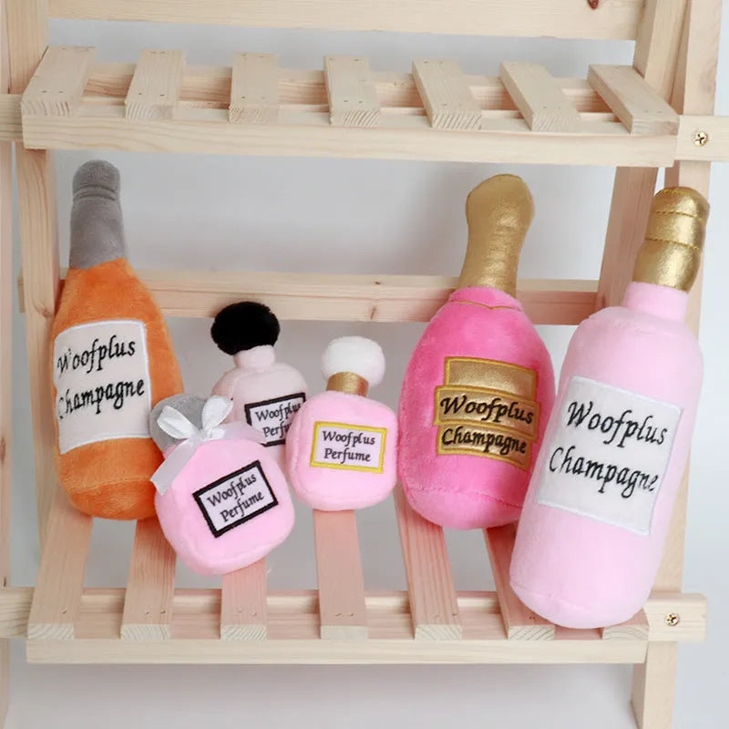 Plush wine bottle dog toy in multiple colour options including green, orange and red