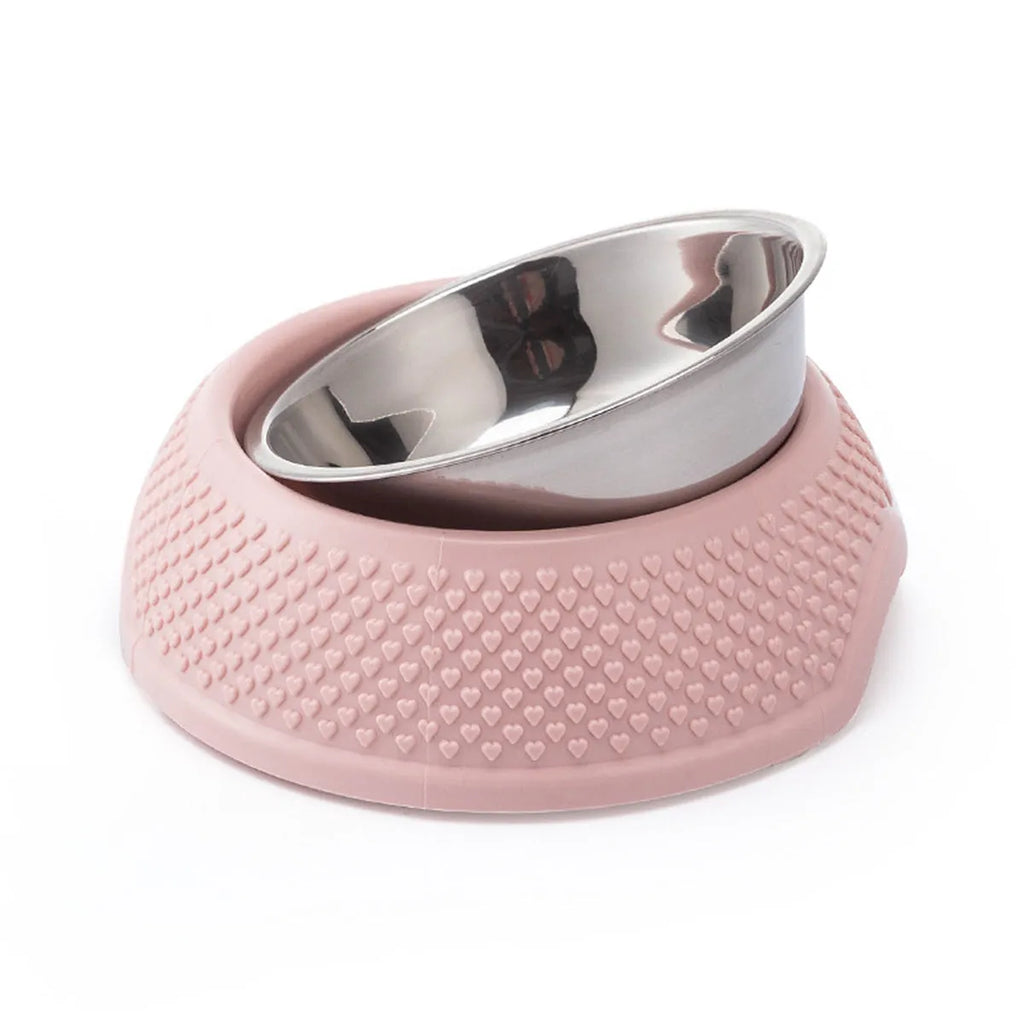 Stainless steel pet bowl with non slip base in blue green pink options for cat dog feeding