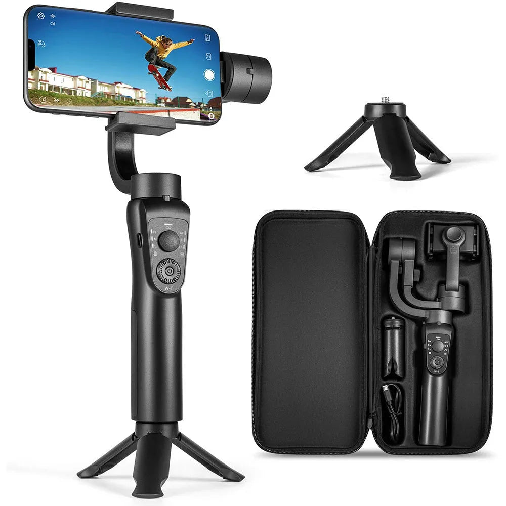 Black three-axis handheld gimbal stabiliser for mobile phones with tripod and hard case.