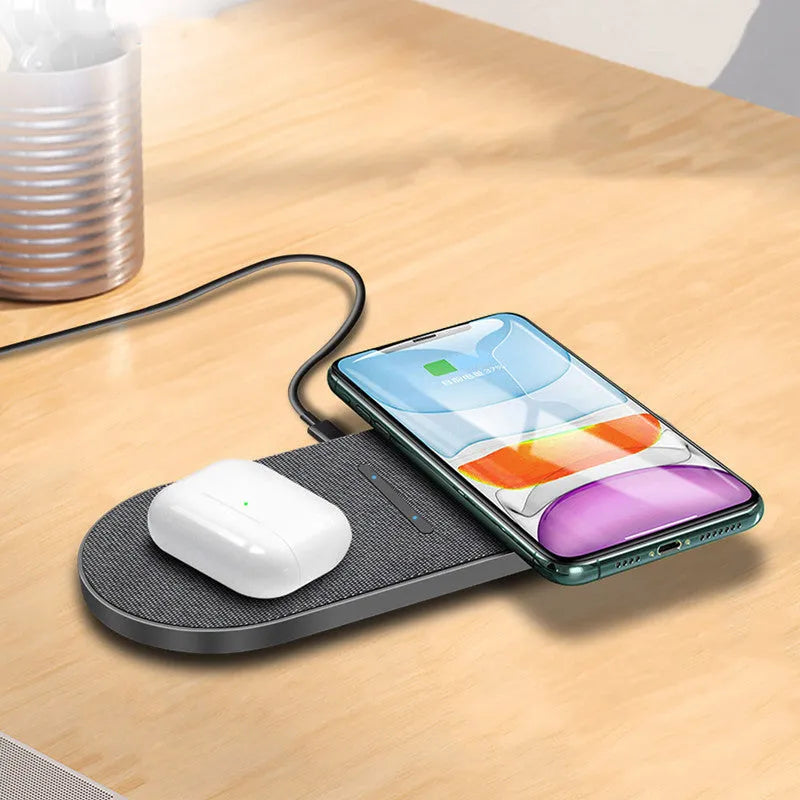 Black dual wireless charging pads with indicator lights showing 10W quick charging capability