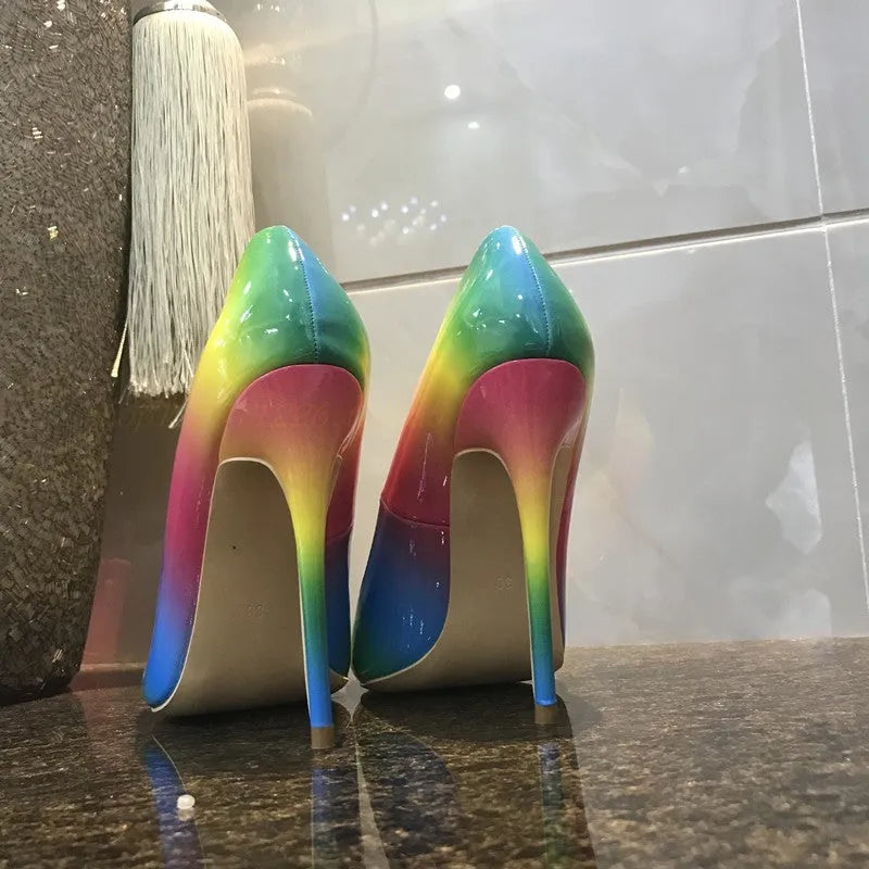 Rainbow patent leather women's high heels with thin stiletto heel and pointed toe