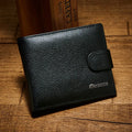 Black PU leather bifold wallet with buckle closure, showing card slots and zipper compartment