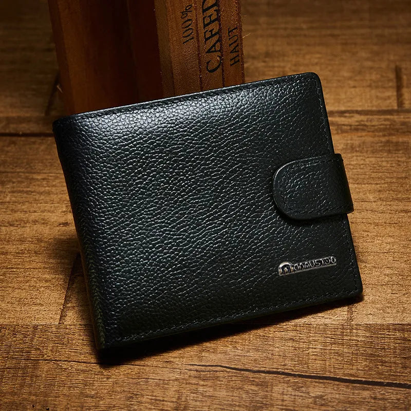 Black PU leather bifold wallet with buckle closure, showing card slots and zipper compartment