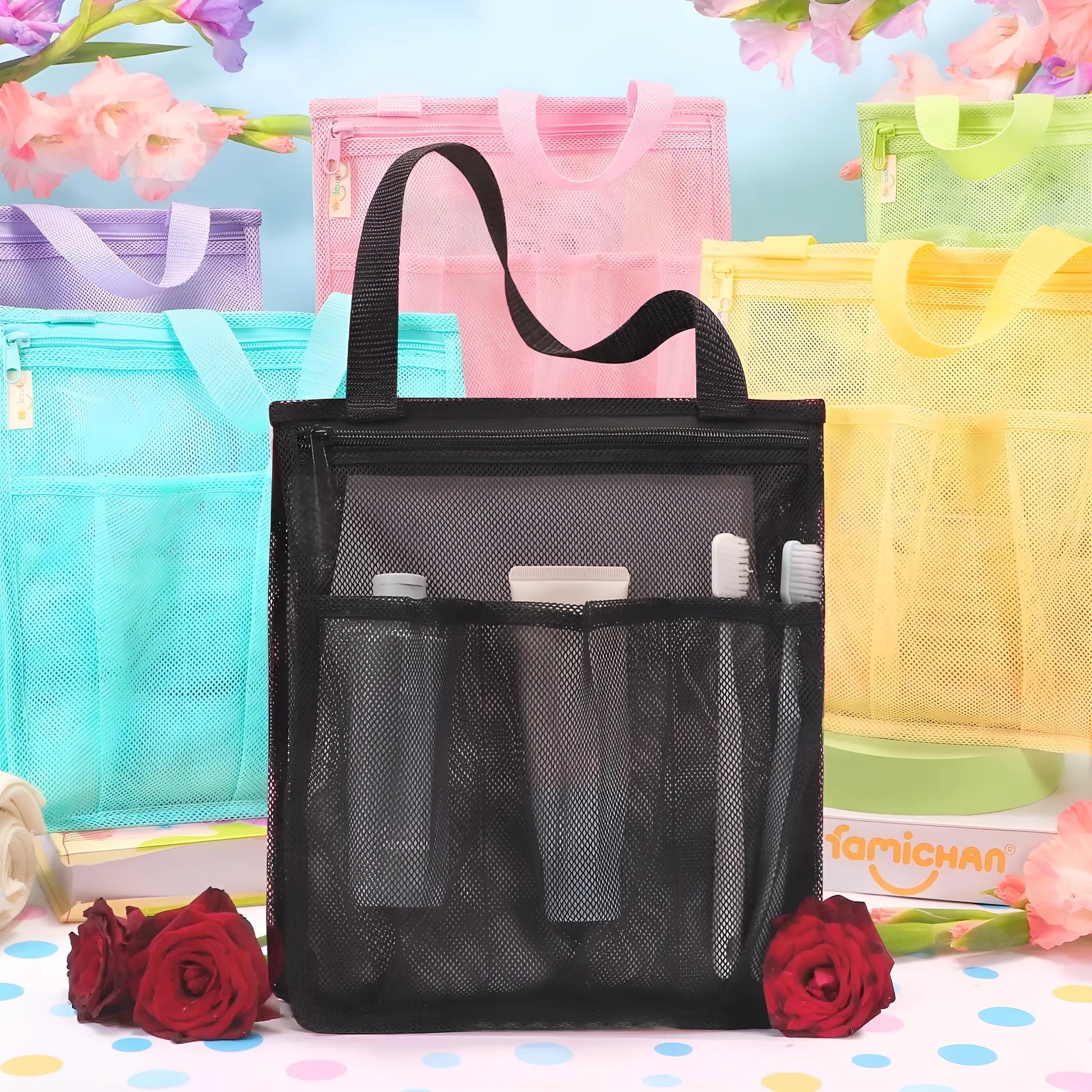 Large capacity black polyester mesh swimming gym bag with dry wet separation design
