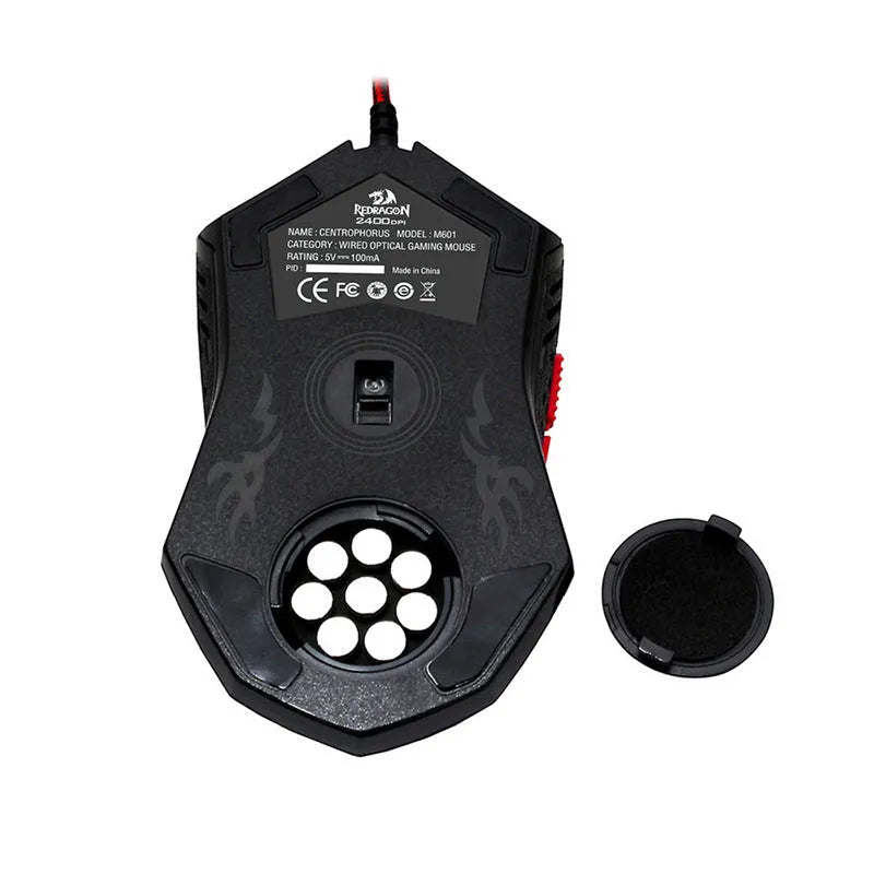 Black and red wired USB gaming mouse with six buttons on an ergonomic shape.