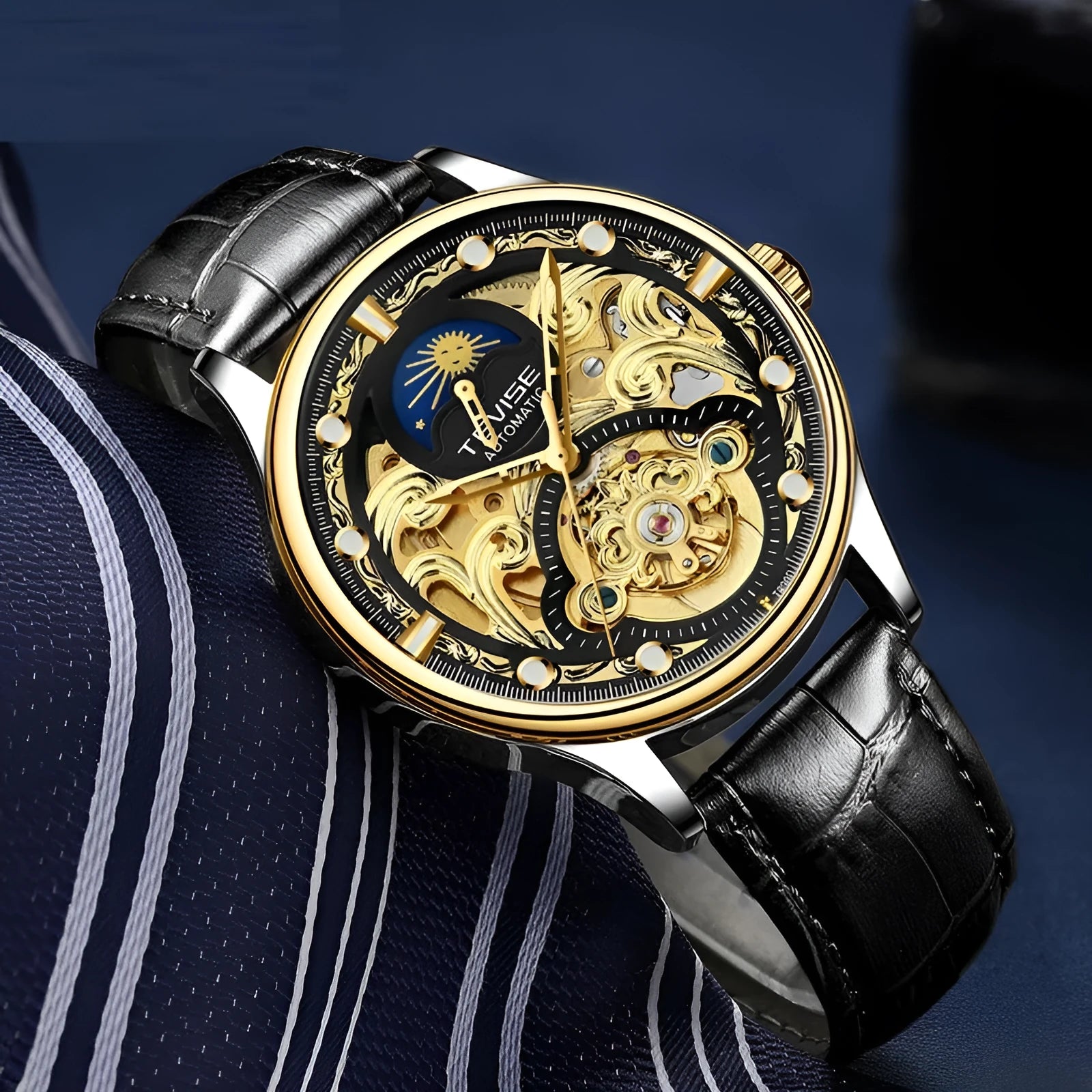 Men's gold leather automatic mechanical watch with waterproof business design