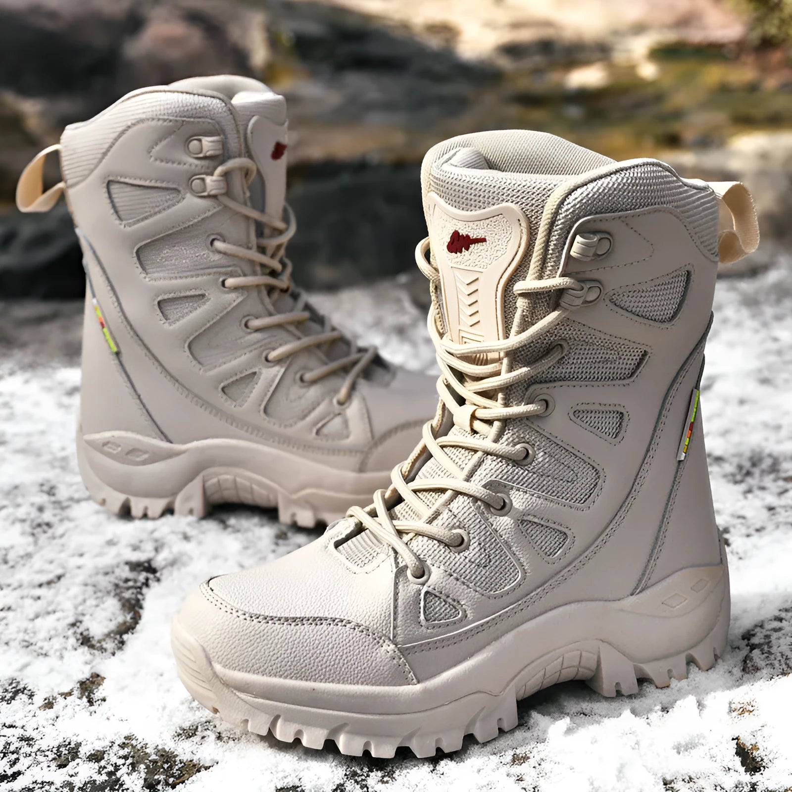 Men's beige cowhide hi-top hiking shoes on a rocky outdoor trail.