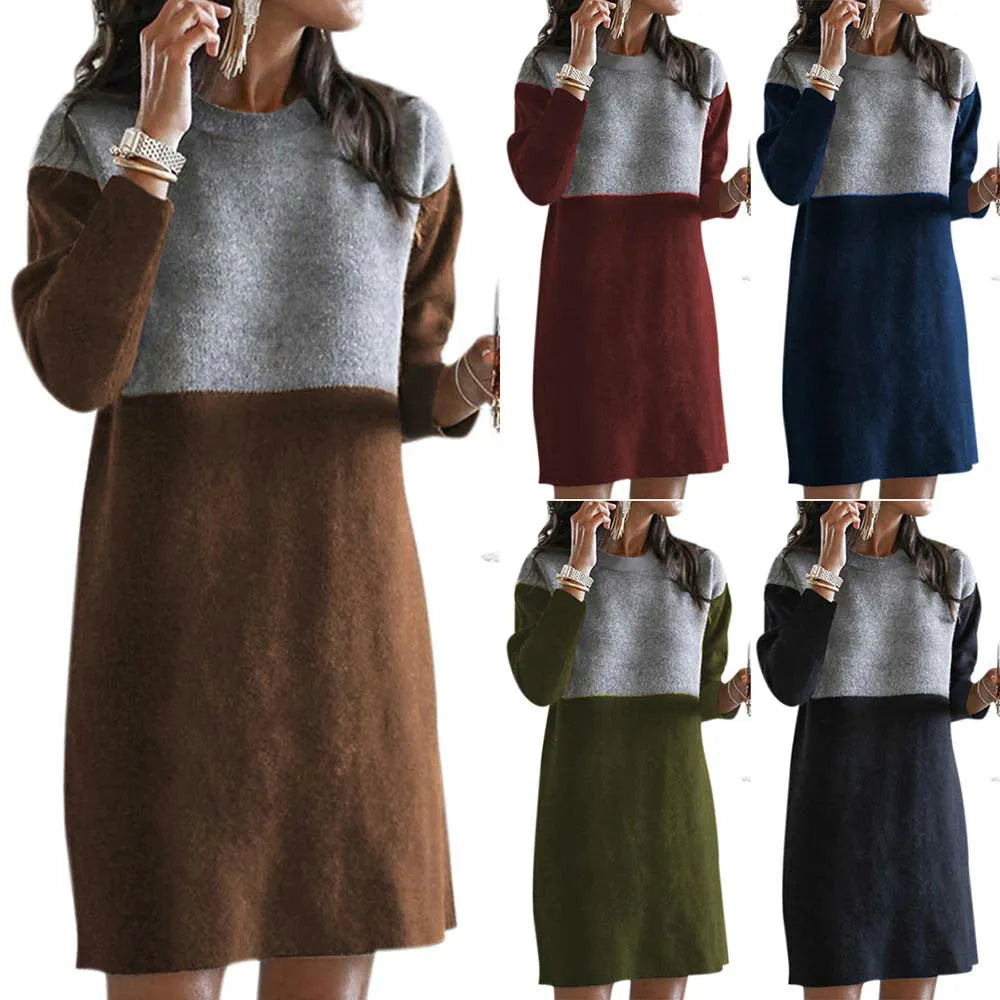 Brown women's polar fleece dress with long sleeves, round neck, and patchwork craft detail.