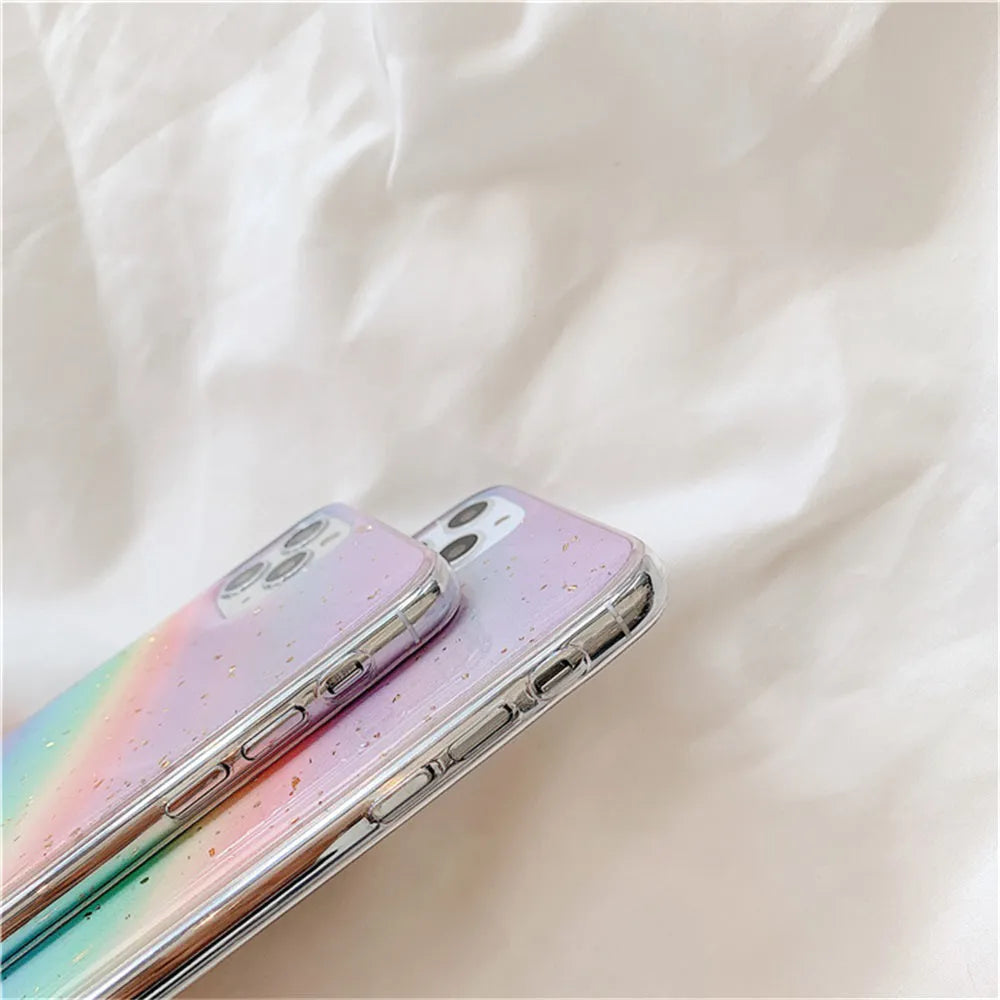 Rainbow gradient iPhone case with colourful stripe patterns on TPU protective cover