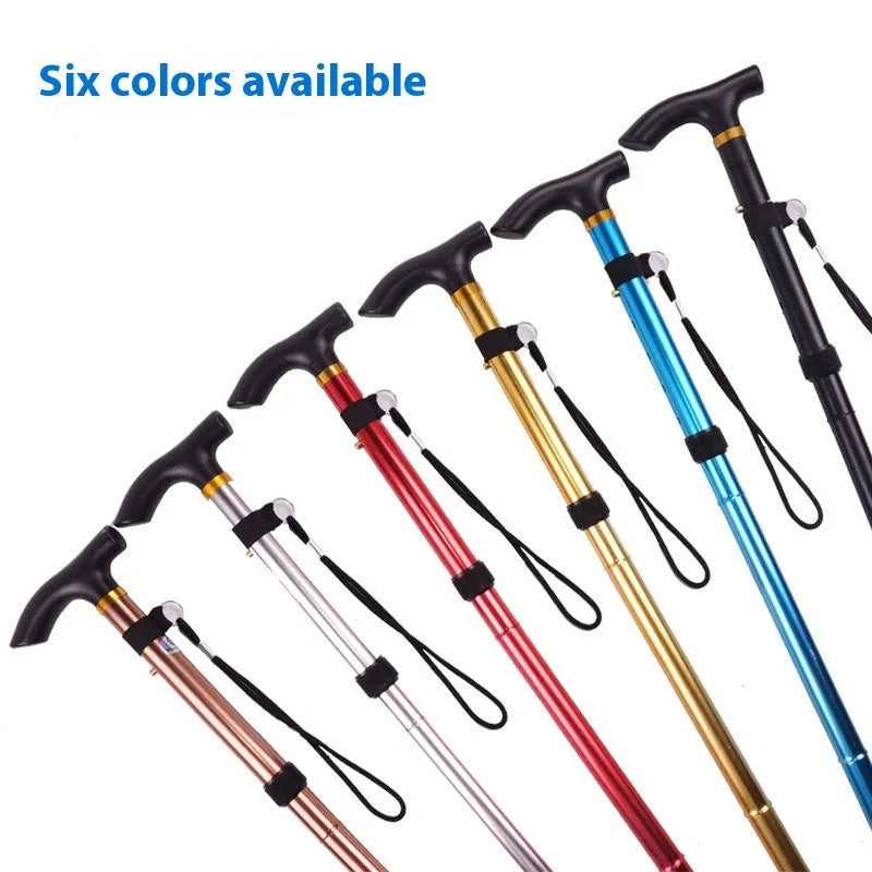 Adjustable aluminium folding walking cane in silver with non-slip rubber foot extended to full height
