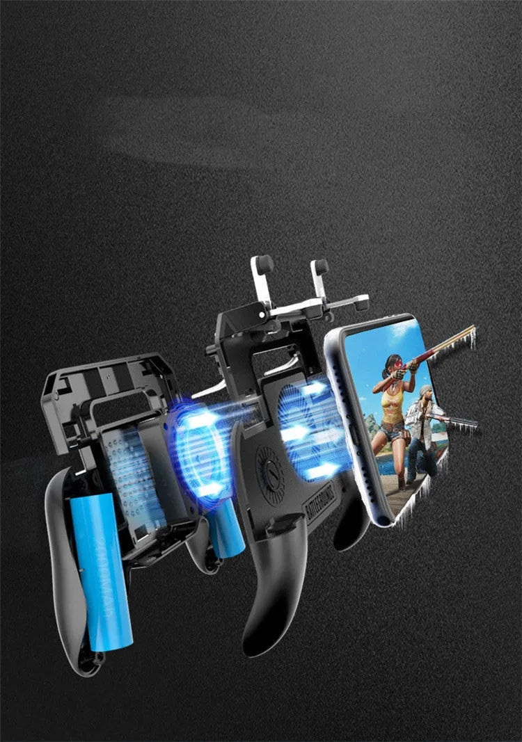 Black mobile phone game controller with USB cable, showing grip and action buttons.