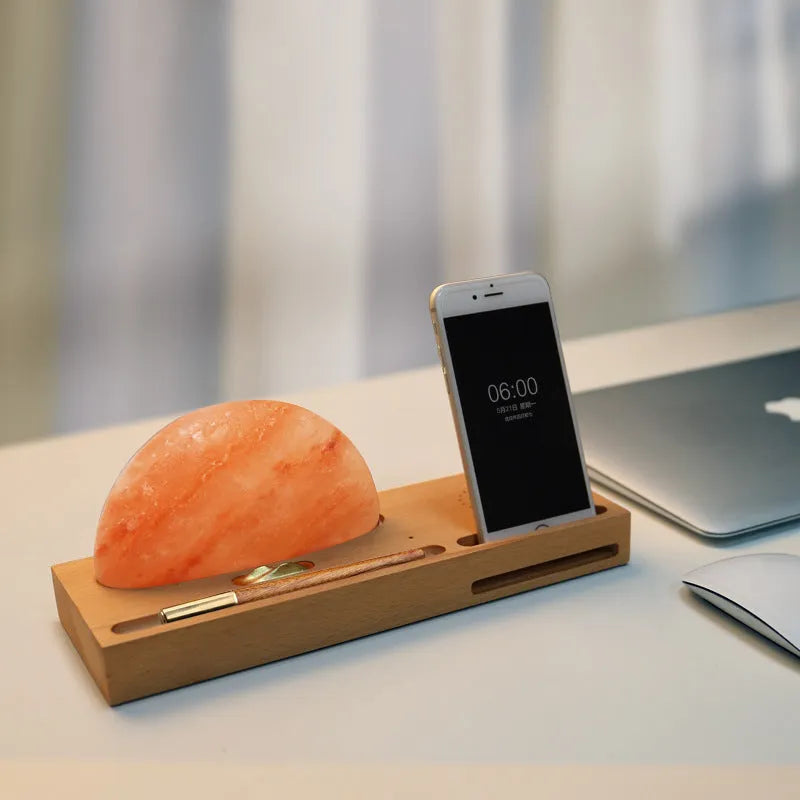 Sunrise Oriental salt lamp with beech wood base, natural salt block, and Qi wireless charging pad
