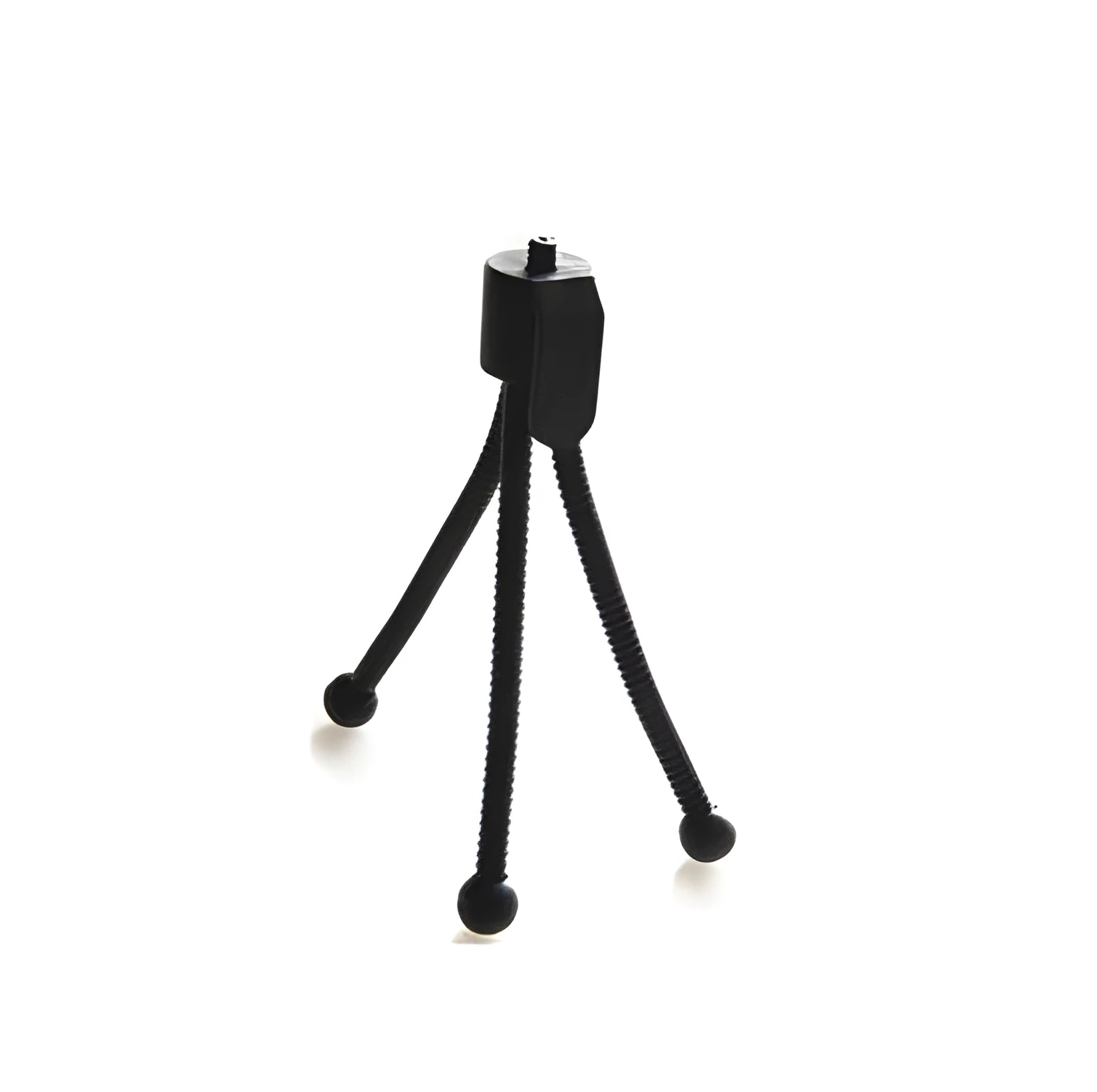 Small iron frame desktop mini tripod with telescopic legs and black ball head, shown next to a mobile phone.