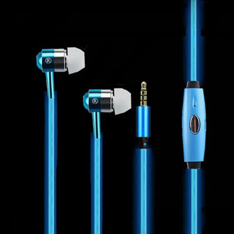 Blue Magic Light LED earphones with aluminium alloy shells and glowing cable connected to a phone.