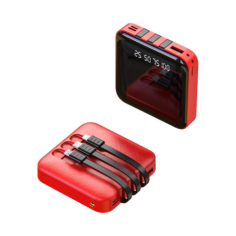 Black and red power banks with built-in charging cables, showing 10000mAh and 20000mAh capacity options.