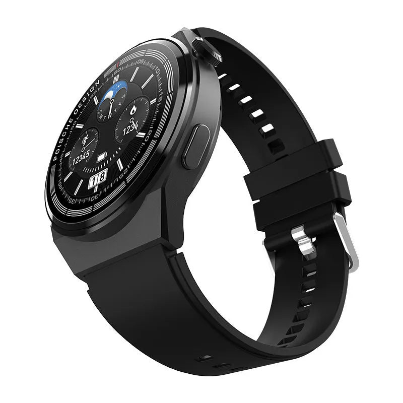 Black smartwatch with circular 1.39-inch screen on a silicone wrist strap, showing NFC payment and call interface.