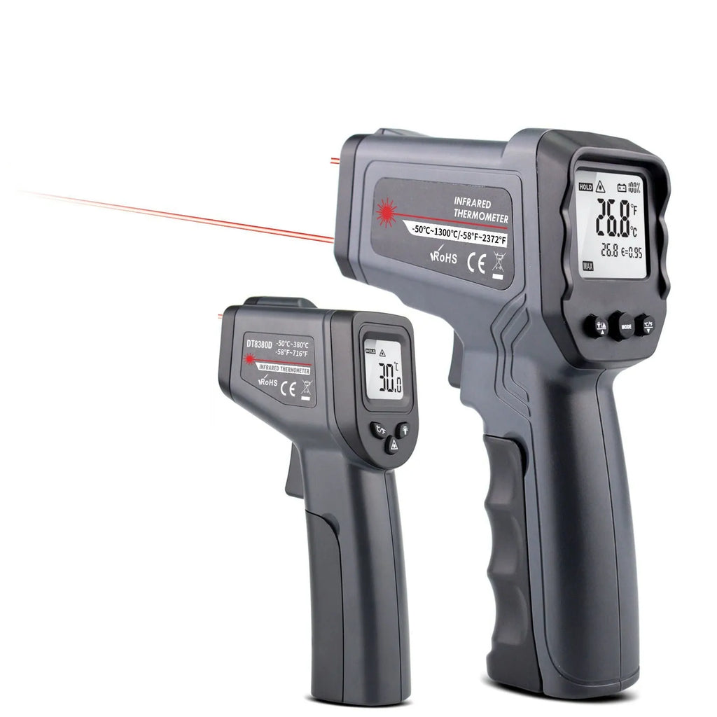 Handheld infrared thermometer with black plastic body and LCD screen for industrial temperature measurement