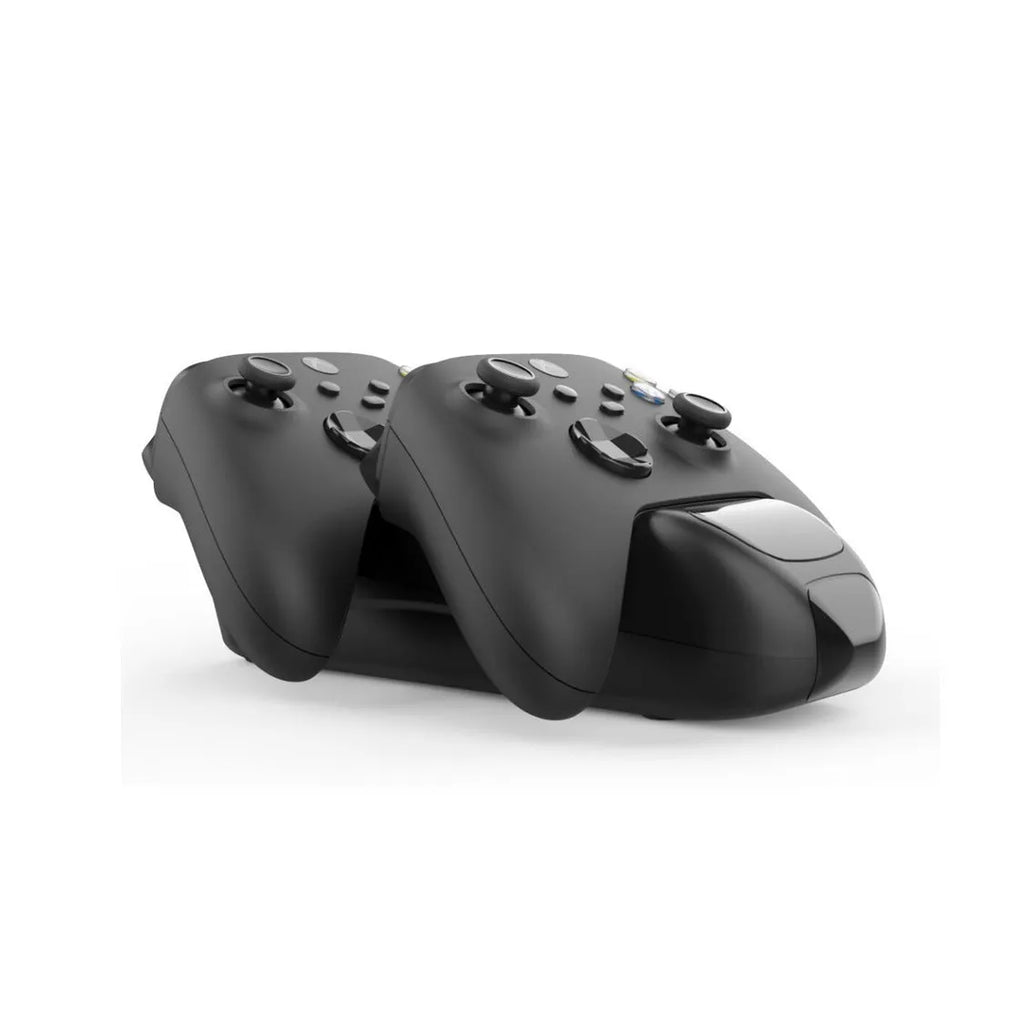 Black Xbox Series X controller charging dock with two controllers on charging station showing LED indicators