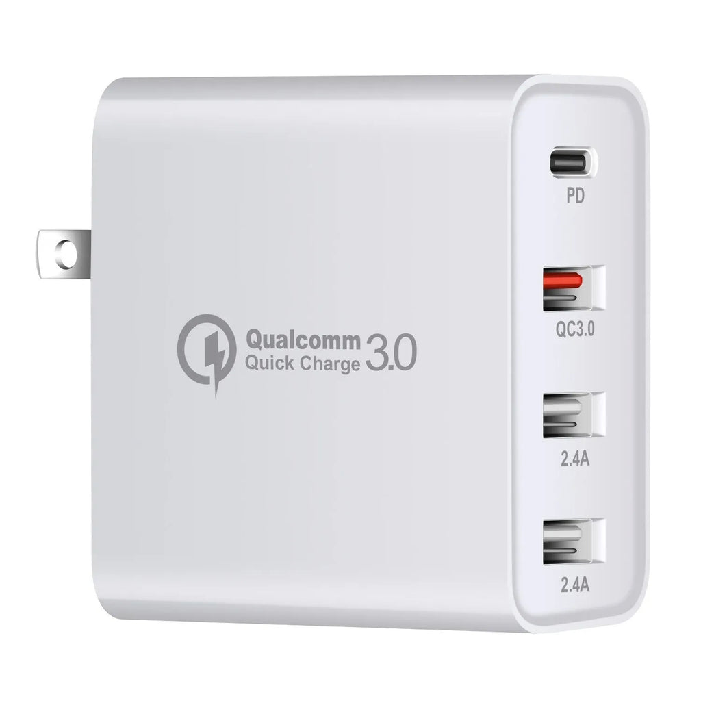 Black four-port USB-C wall charger with UK, EU, US, and AU plug adapters