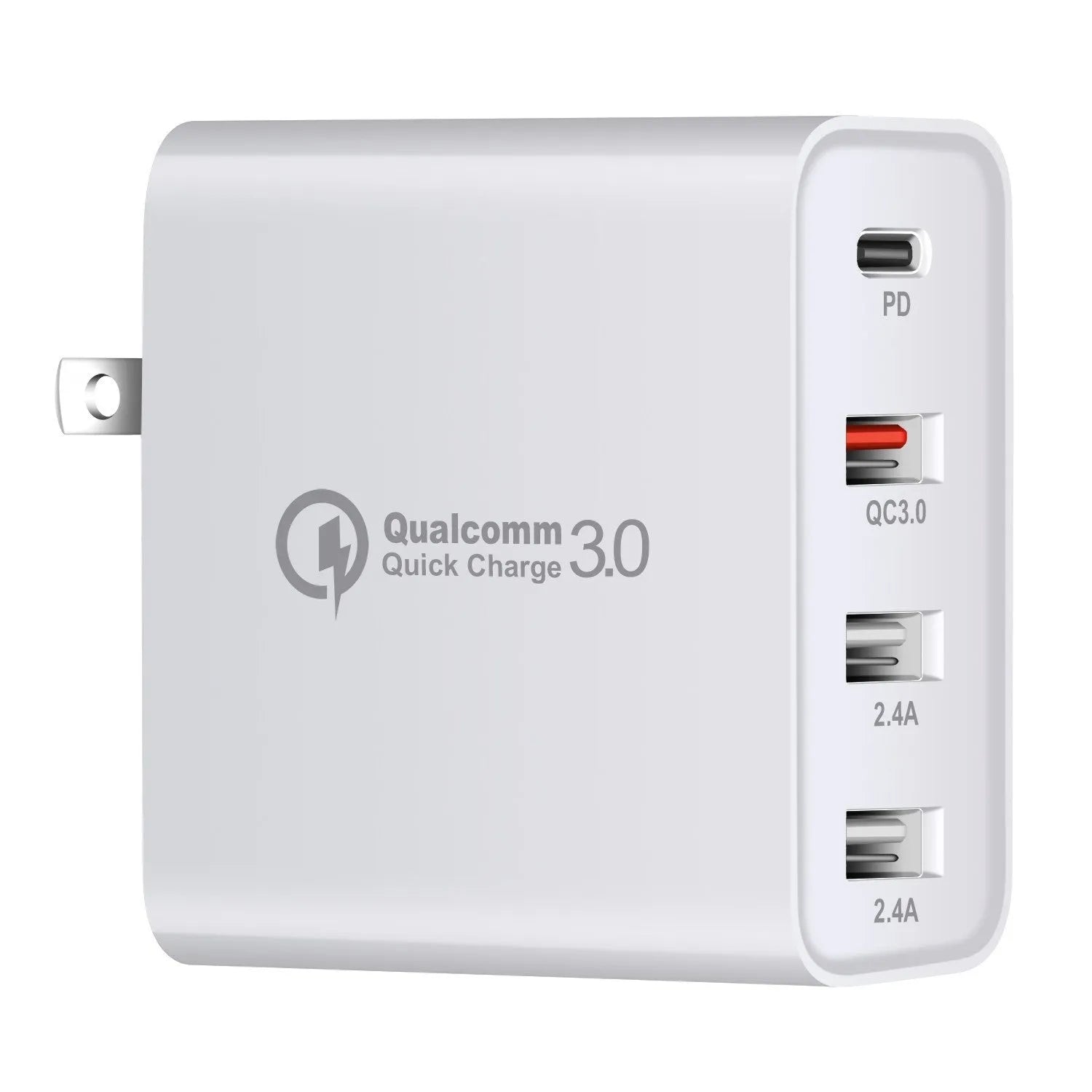 Black four-port USB-C wall charger with UK, EU, US, and AU plug adapters