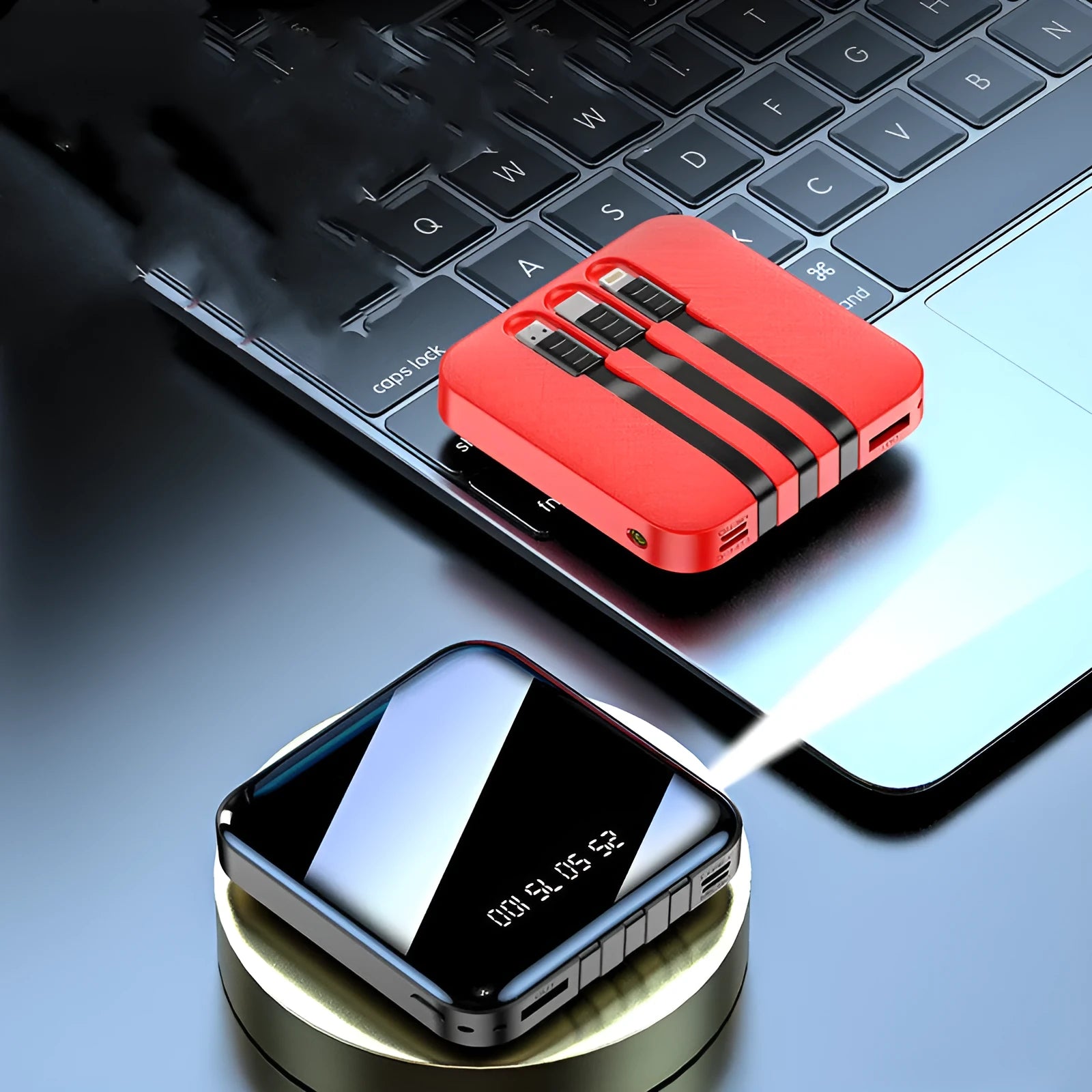 Black and red power banks with built-in charging cables, showing 10000mAh and 20000mAh capacity options.