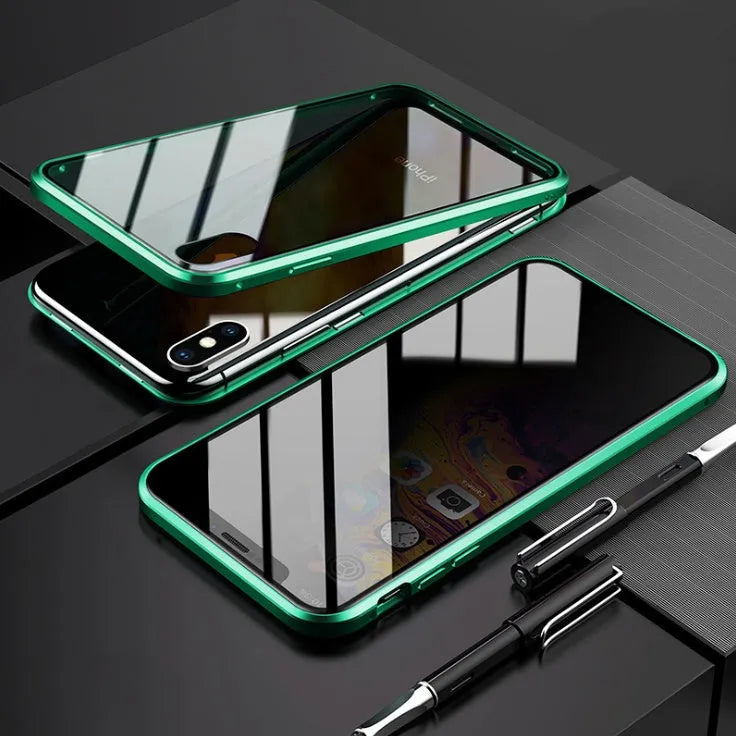 Black anti-peeping magnetic clamshell phone case for Samsung Galaxy S21 Ultra shown open and closed.