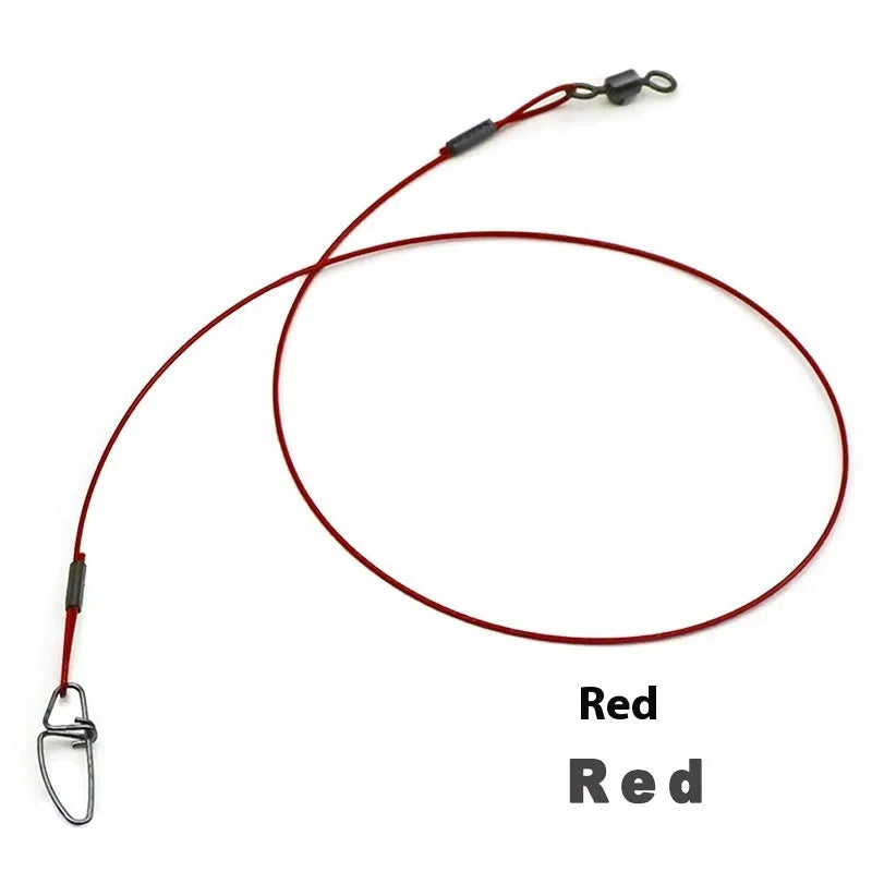 Ten coiled green steel wire fishing traces with double buckle pins, each measuring 54cm long.