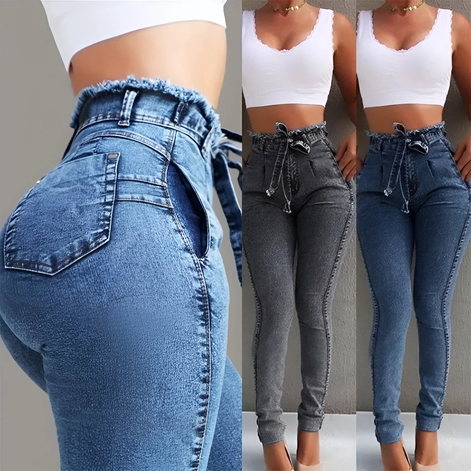 Women's fringed jeans in Cowboy denim, showing fringe detail on leg, available in dark blue, grey, and light blue.