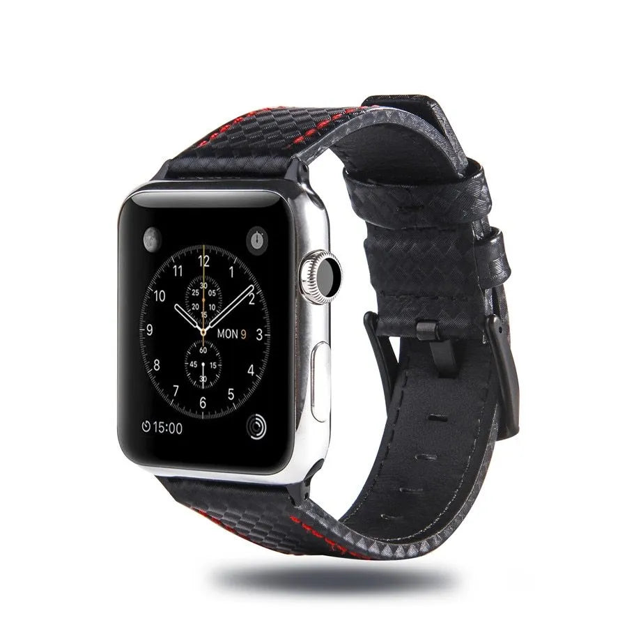 Carbon fiber leather Apple Watch strap with PC hard shell case in black line colour for 42 44mm size
