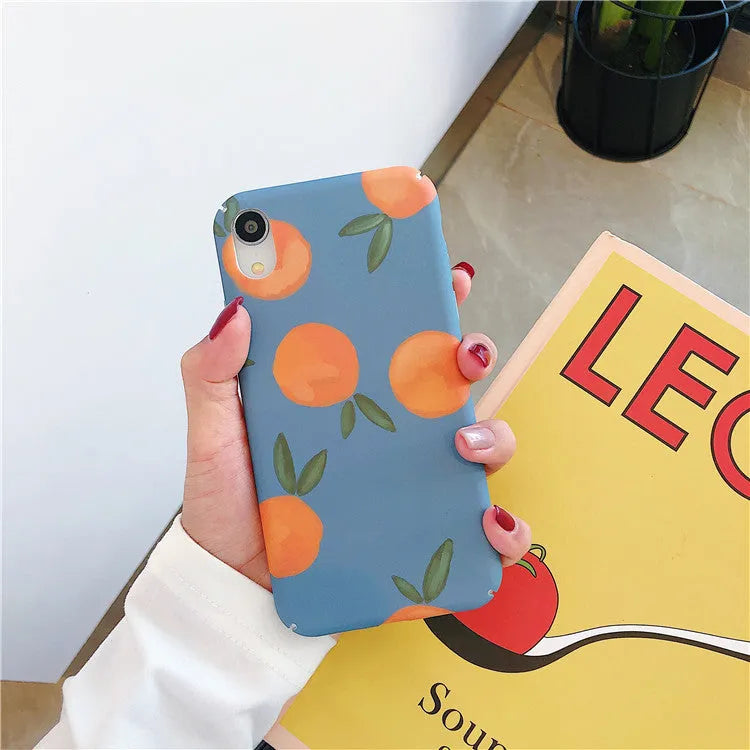 Orange retro plastic back cover for iPhone with blue water artwork, slim fit design