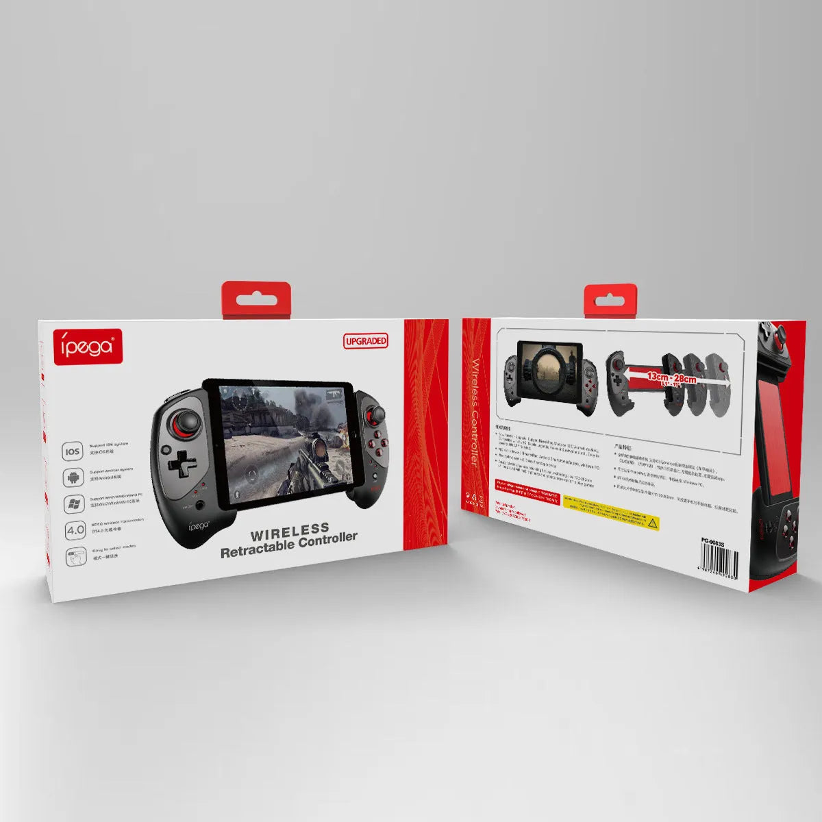 Red telescopic Bluetooth gamepad controller extended with smartphone and USB cable