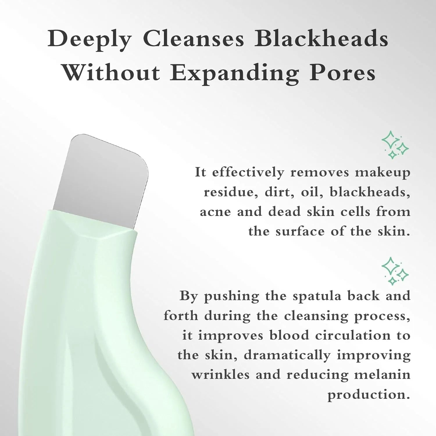 Stainless steel blackhead scraper tool with non-slip handle for facial pore cleansing.