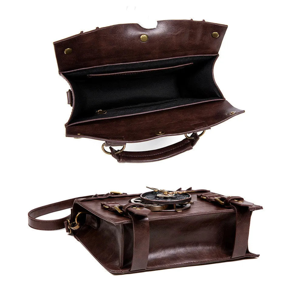 Bronze steampunk shoulder bag with metal detailing and horizontal pillow shape