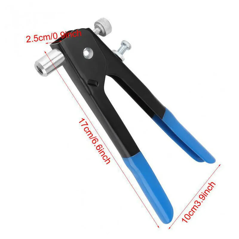 Alloy steel manual riveter nut set showing tool with assortment of nuts