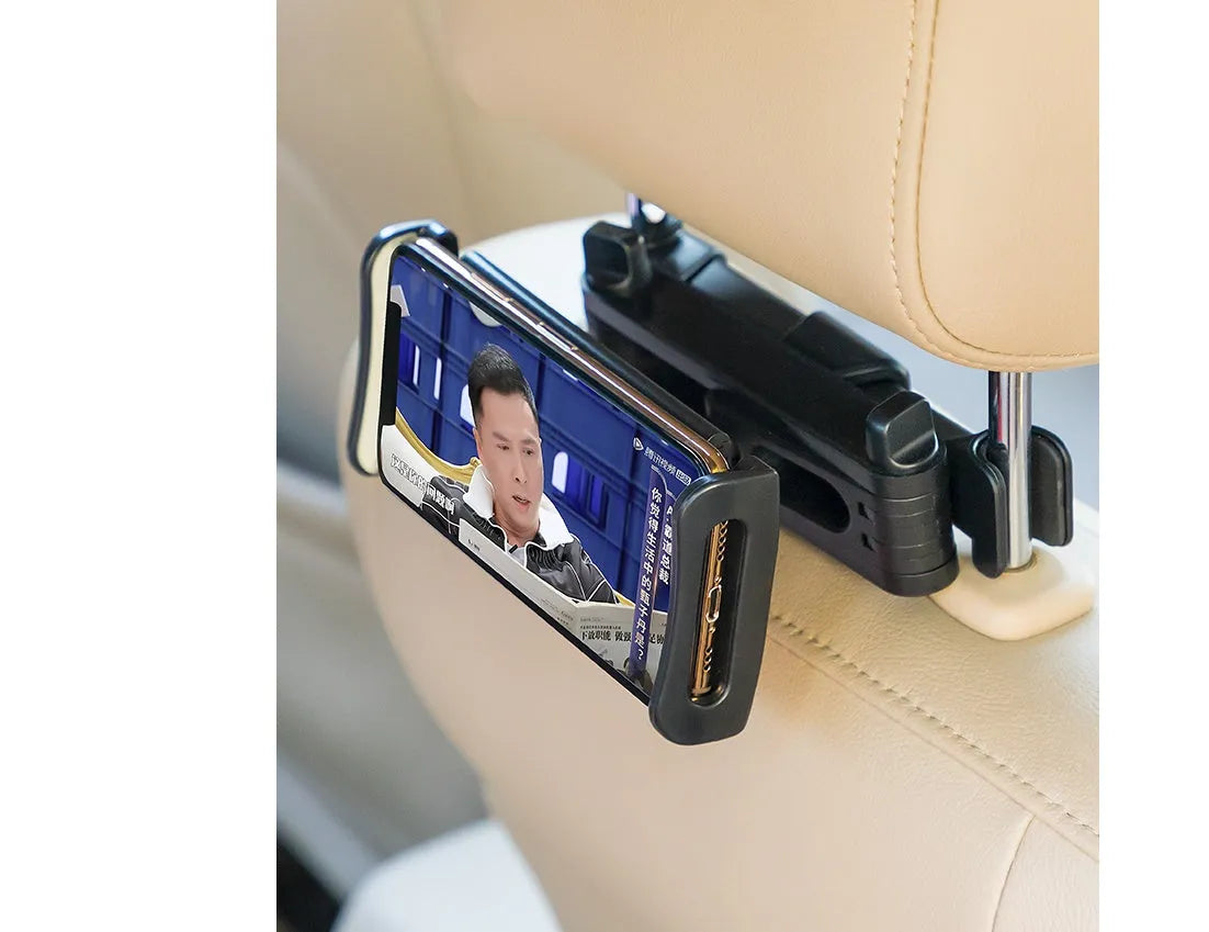 Black car phone holder with rear seat base mount for tablets and smartphones