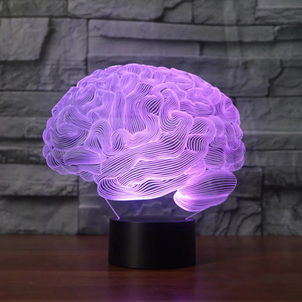 3D brain illusion LED desk lamp on stand with remote control, showing colourful light projection.