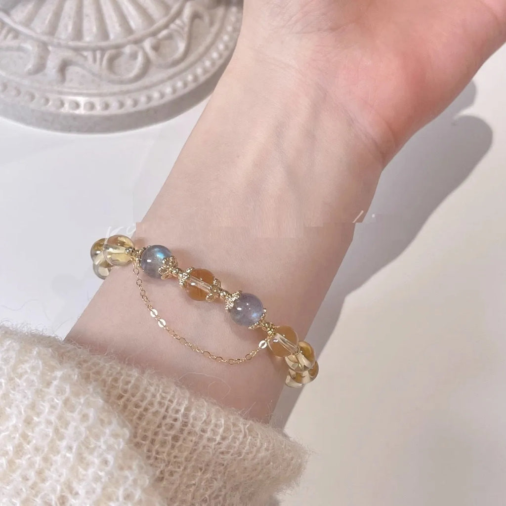Citrine moon crystal bracelet with 14K gilded finish and diamond cut for women