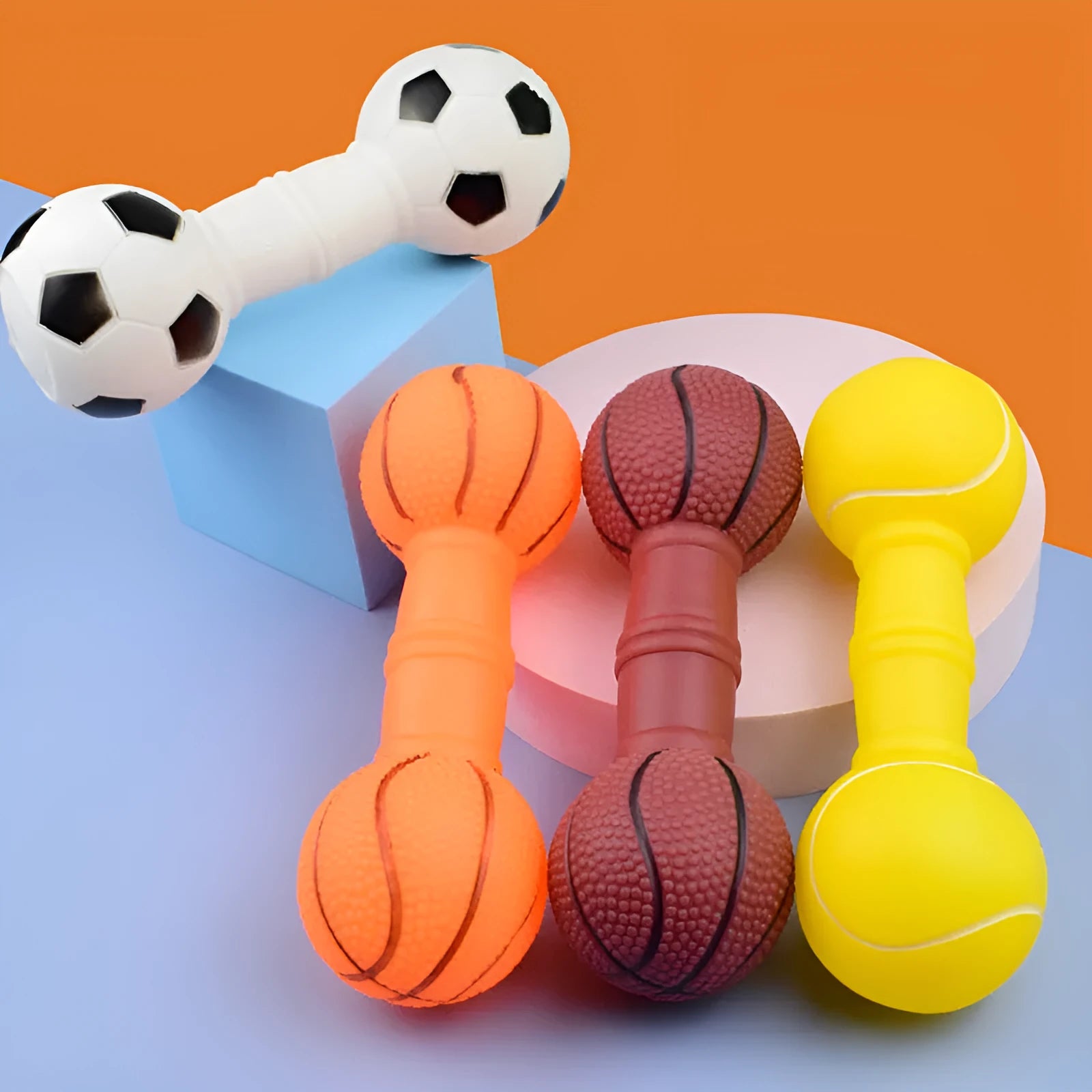 Brown, orange, white, and yellow PVC football dumbbell shaped dog toy with squeaker.